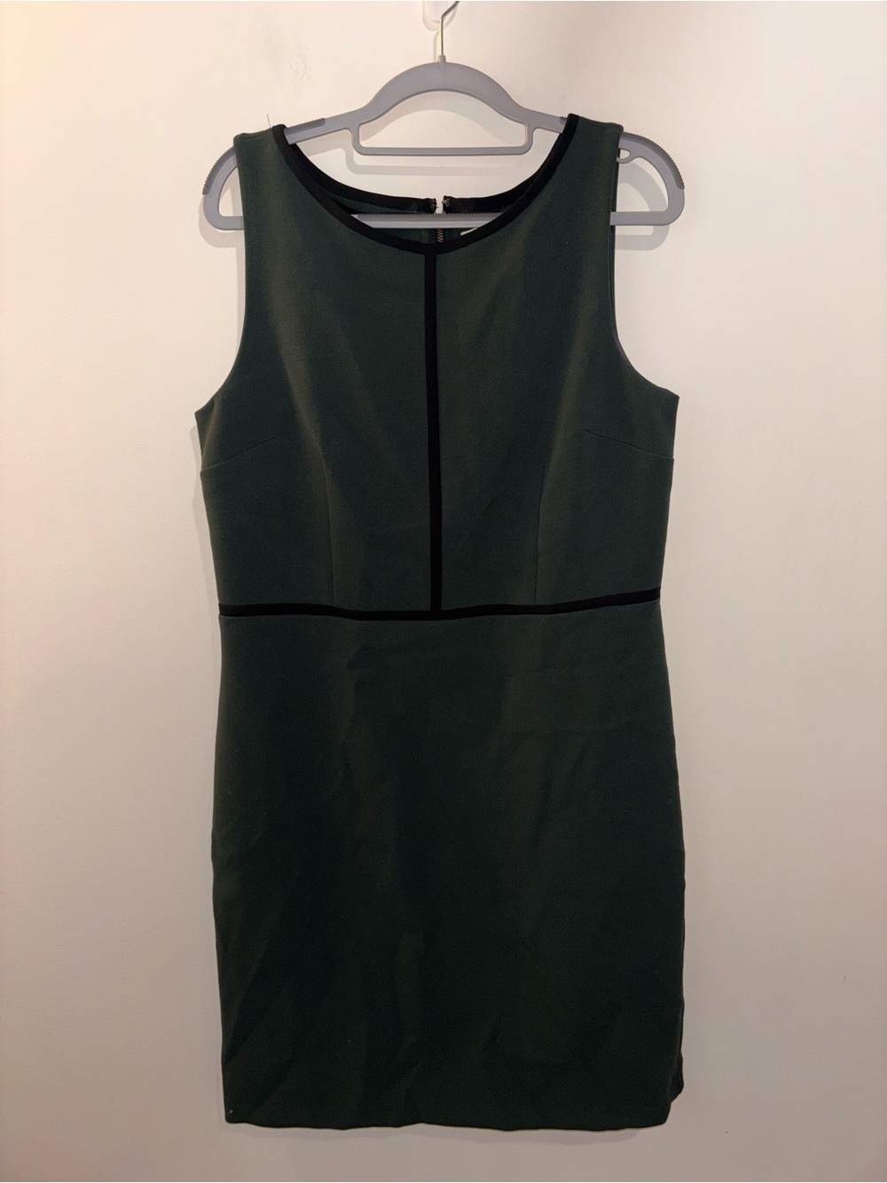 Sleeveless Dark Green Sheath Dress with Black Trim